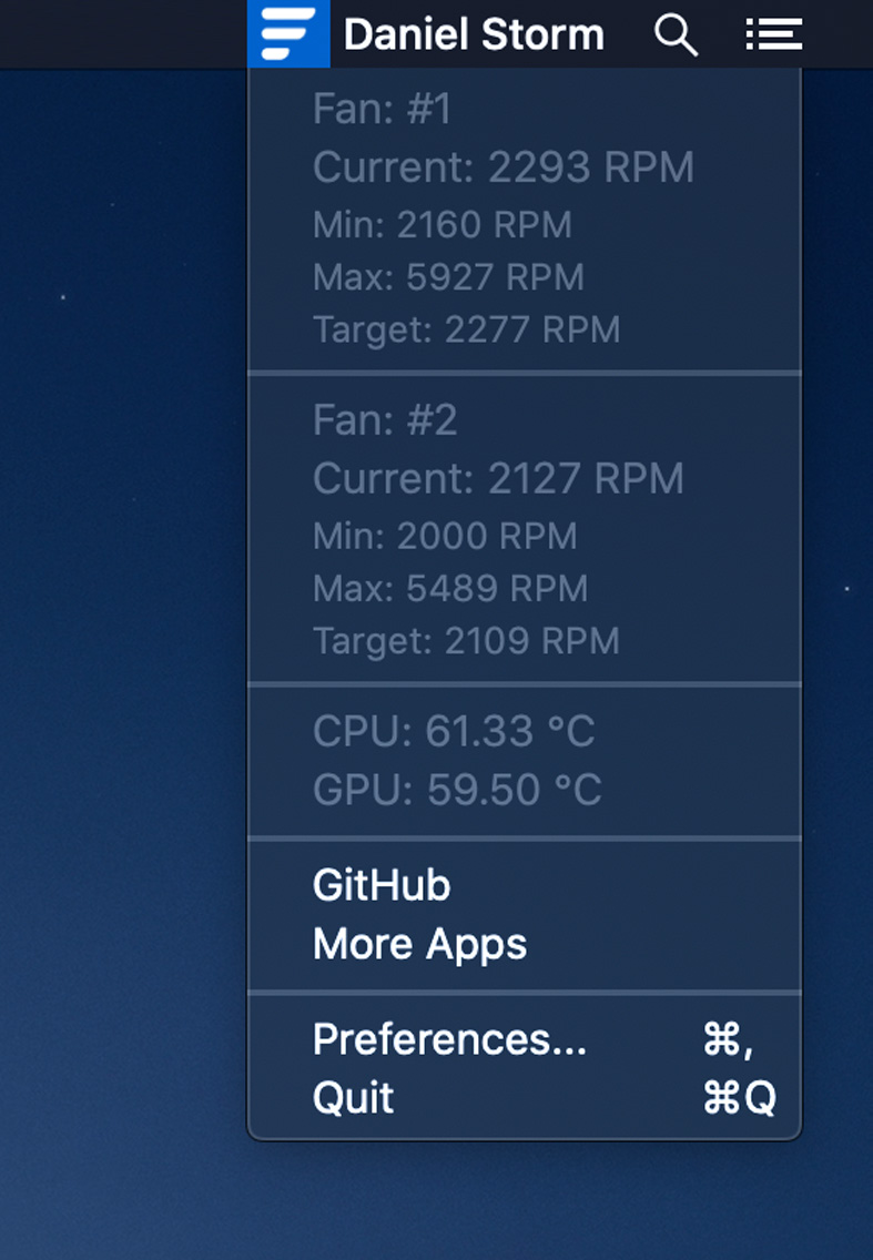 Screenshot of Fanny Widget displaying fan speeds, CPU temperature, and GPU temperature in the Menu Bar.