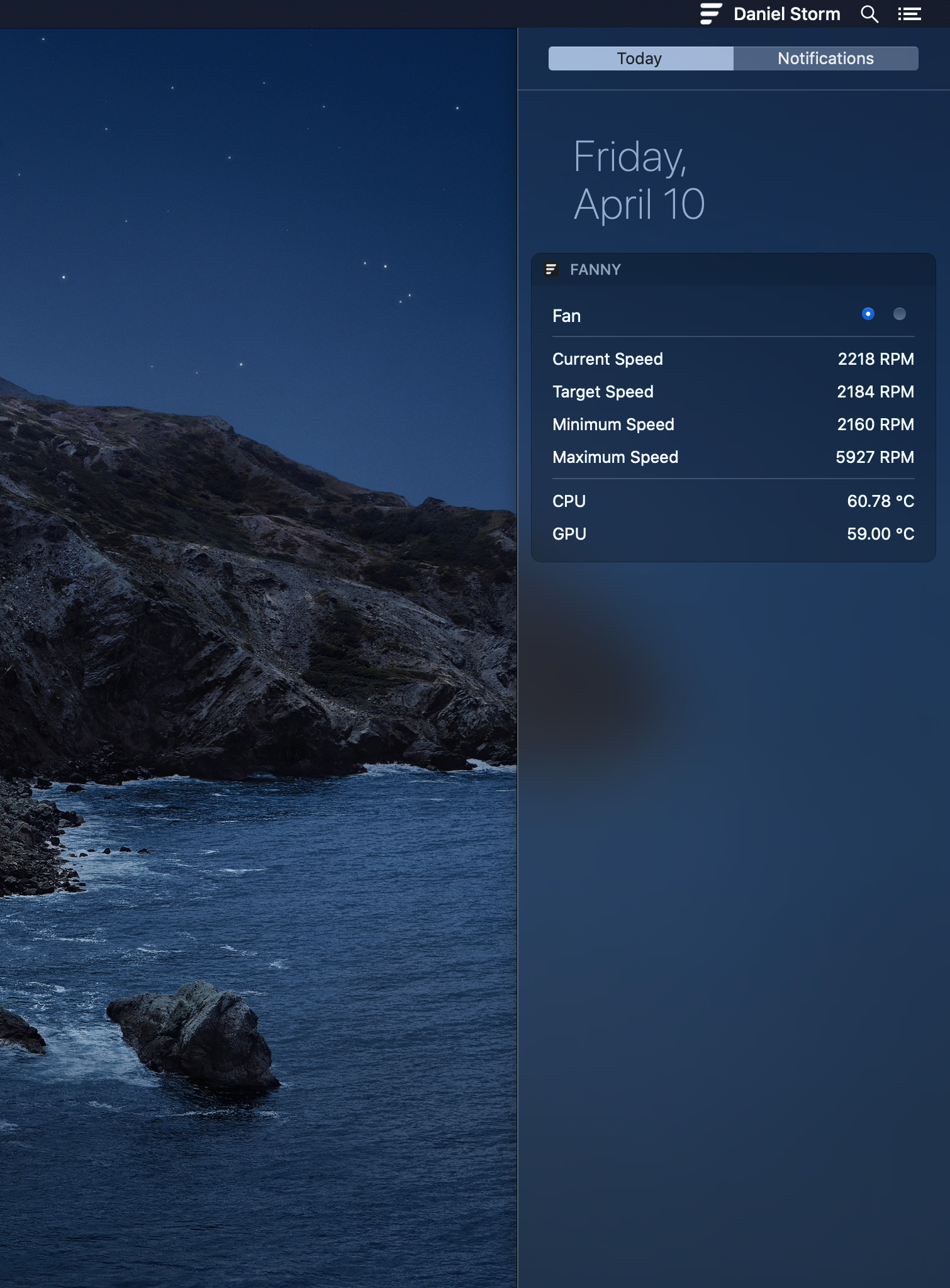 Screenshot of Fanny Widget displaying fan speeds, CPU temperature, and GPU temperature in the Notification Center.